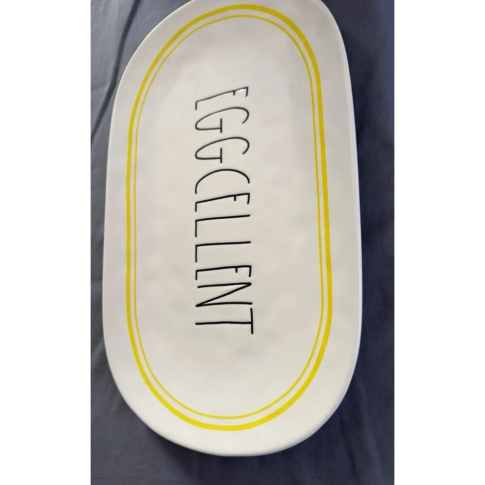 Rae Dunn Eggcellent Oval Platter Yellow Trim Ceramic Tray Large 15